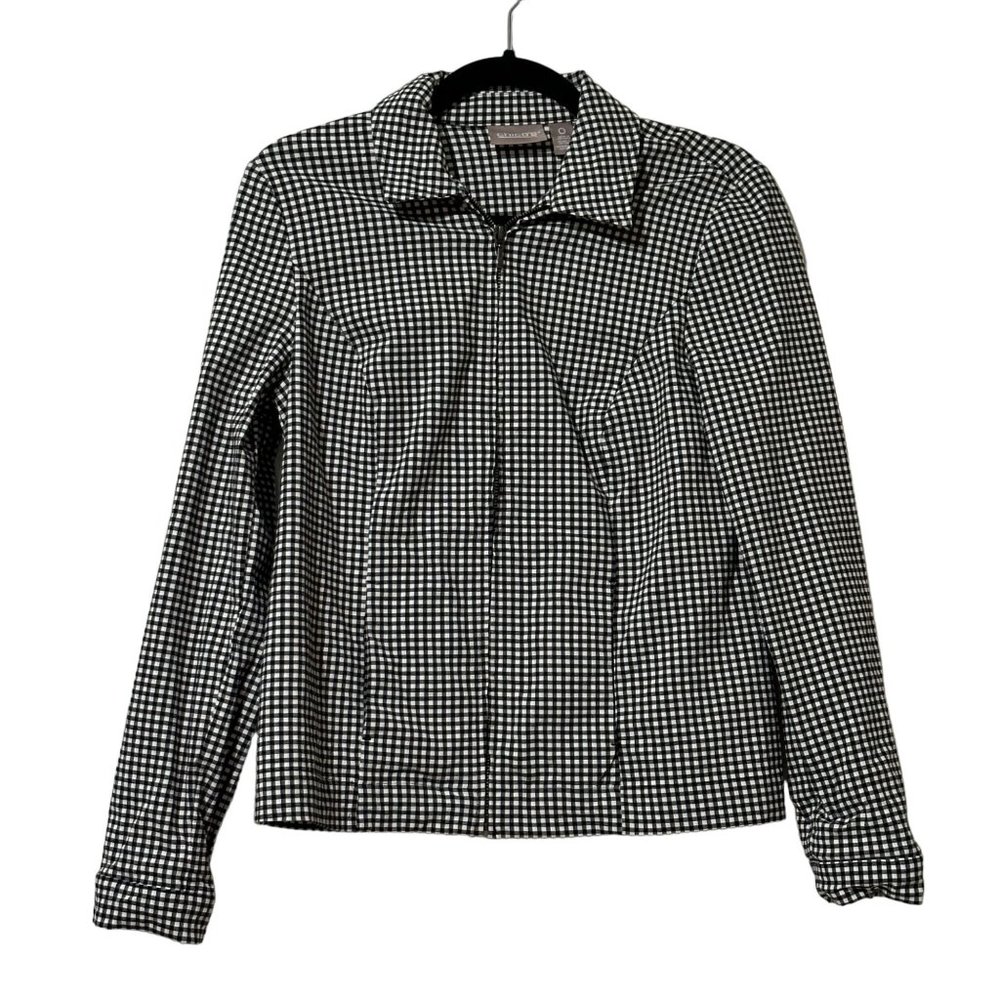 Chico’s sz 0 S/4 black check zip pockets long sleeve full zip  jacket